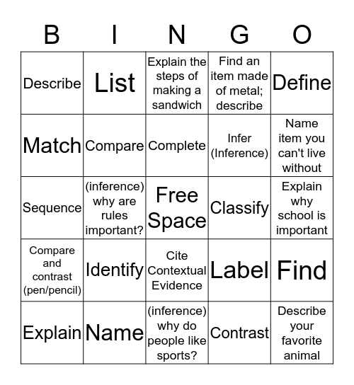 FOLLOWING DIRECTION VOCABULARY Bingo Card