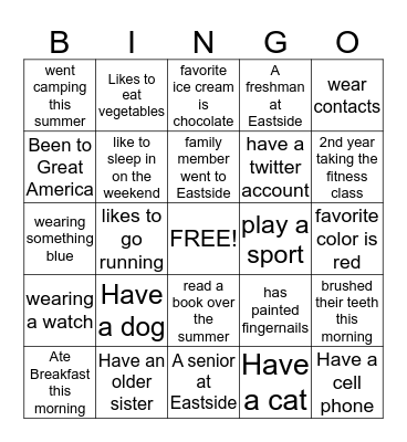 Fitness Class Bingo Card