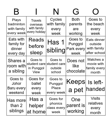 My Classmates Bingo Card