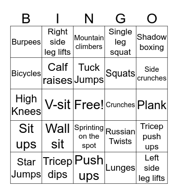 Fitness Bingo Card