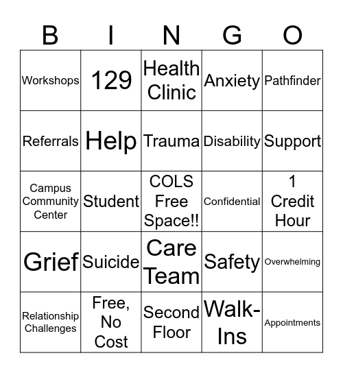 Counseling and Campus Wellness Bingo Card