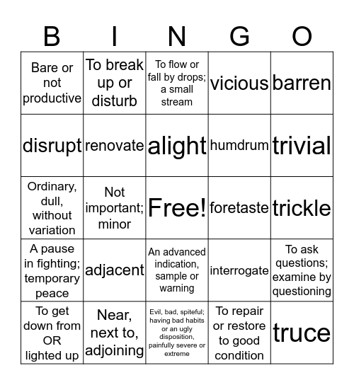 Level B Vocabulary Unit 1 (12-word) Bingo Card