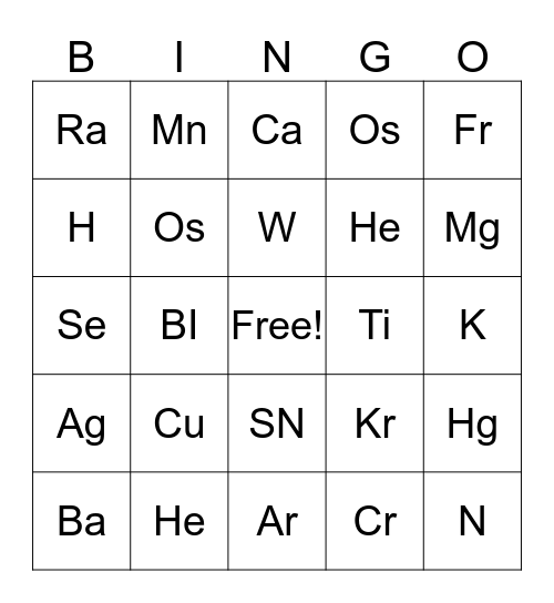 Periodic Table Bingo Card