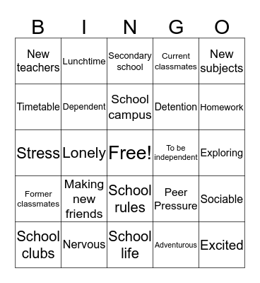 School Life Bingo Card