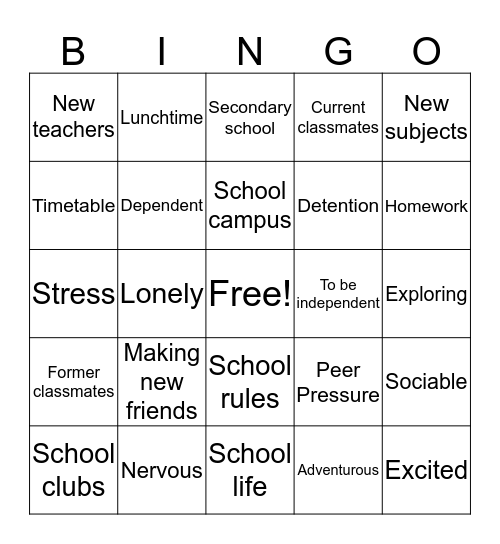 School Life Bingo Card