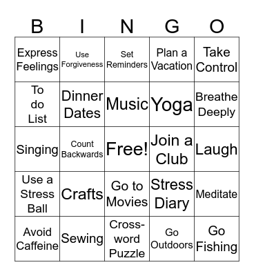 Positive Ways to Relieve Stress Bingo Card