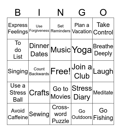 Positive Ways to Relieve Stress Bingo Card