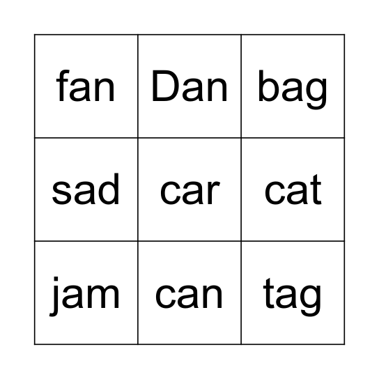 Short /a/  Bingo Card