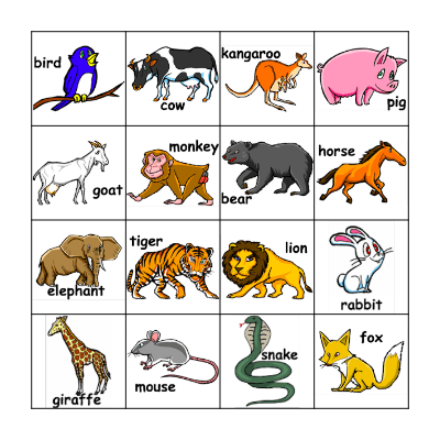 Animals Bingo Card