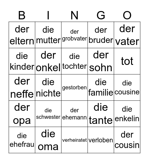 Deutsch BINGO Card