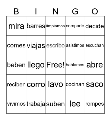 Los verbs  Bingo Card