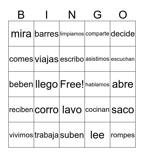 Los verbs  Bingo Card