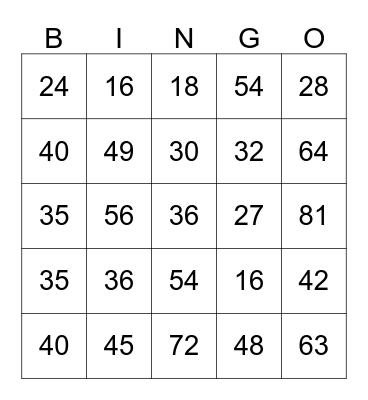 Multiplication Facts Bingo Card