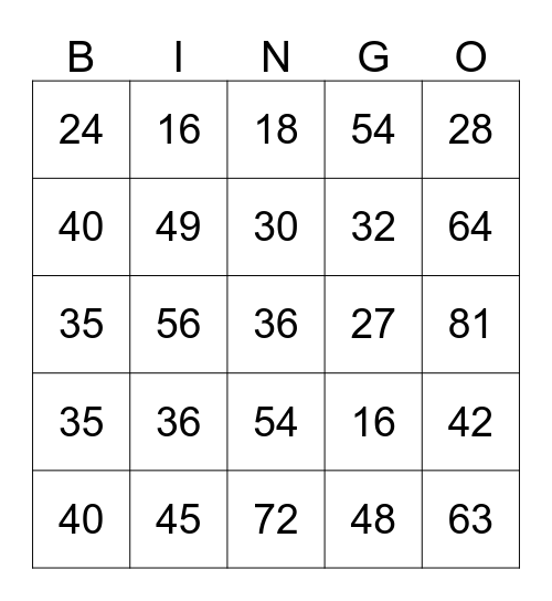 Multiplication Facts Bingo Card