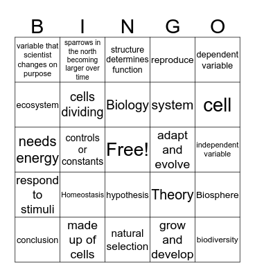 Characteristics of Life and Sci Method Bingo Card