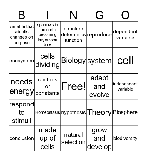 Characteristics of Life and Sci Method Bingo Card