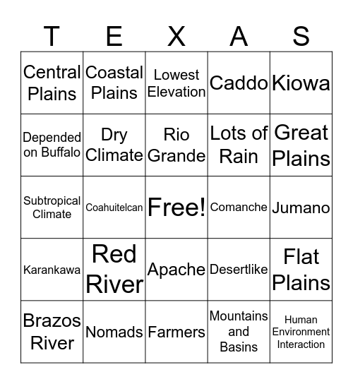Texas Geography and Natives Bingo Card