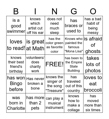 FUN FIRST DAY BINGO Card