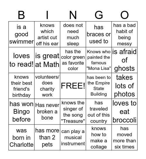 FUN FIRST DAY BINGO Card