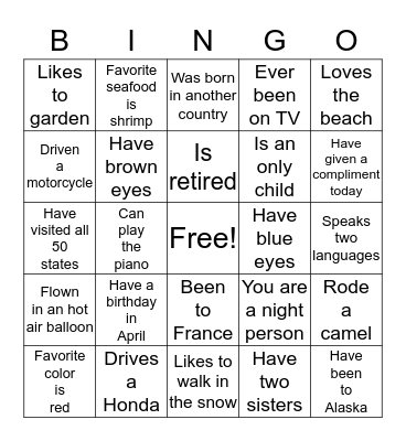 Getting to Know You Bingo Card