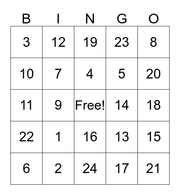 Number Bingo Card