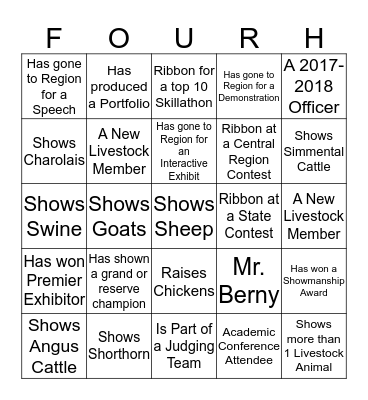 Livestock Project Bingo Card
