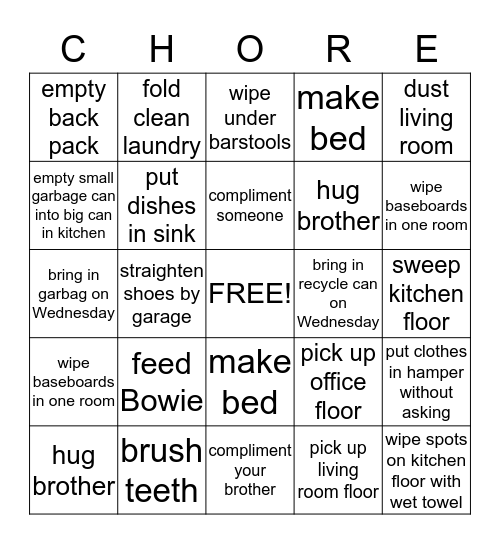 Triple G Chore Chart Bingo Card