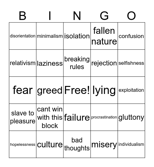 stinking thinking Bingo Card