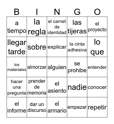 Vacabulario 1A  Bingo Card