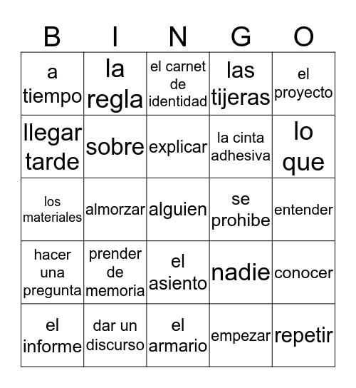 Vacabulario 1A  Bingo Card