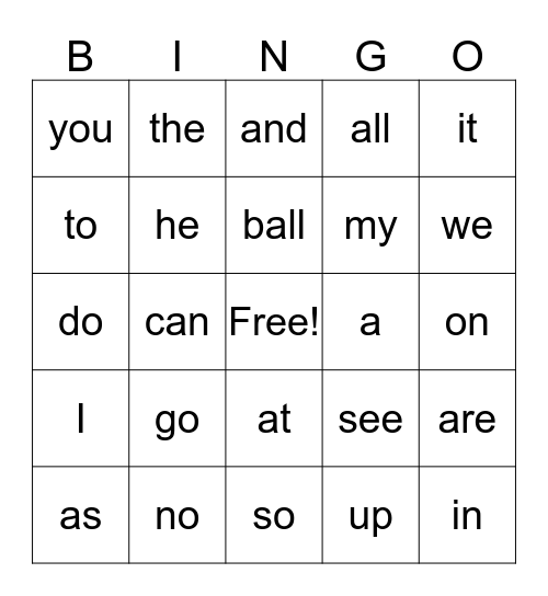 SIGHT WORDO Bingo Card