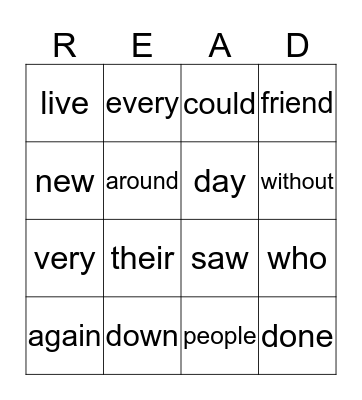 HF Word - List D Bingo Card
