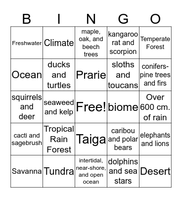 Biomes Bingo Card