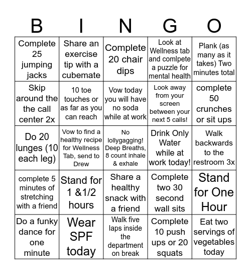 Wellness Wednesdays Bingo Card