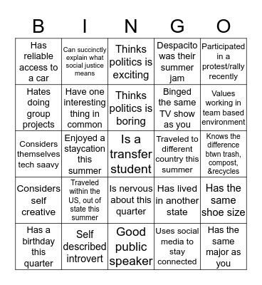 POSC 4171 BINGO Card