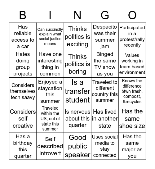 POSC 4171 BINGO Card