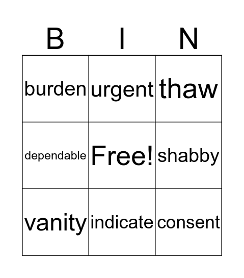 Reading Unit 3 Voc. (2) Bingo Card