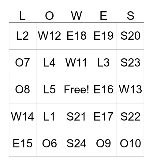 LOWE'S BINGO Card