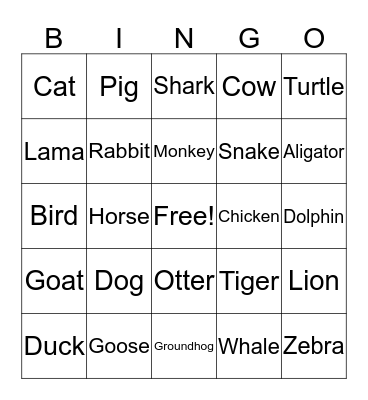 Animal Bingo  Bingo Card