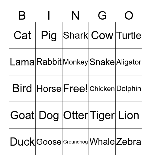Animal Bingo  Bingo Card