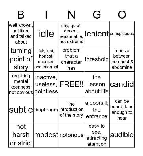 Lesson 6  Vocabulary Bingo Card