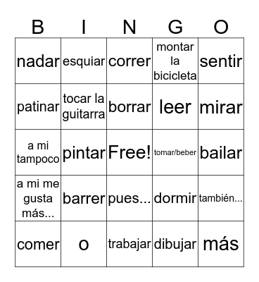 Español 1 A Bingo Card
