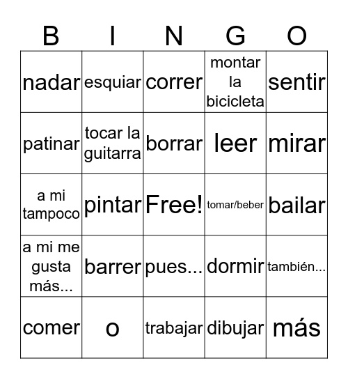 Español 1 A Bingo Card