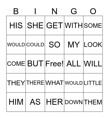 RYAN SIGHT WORDS Bingo Card
