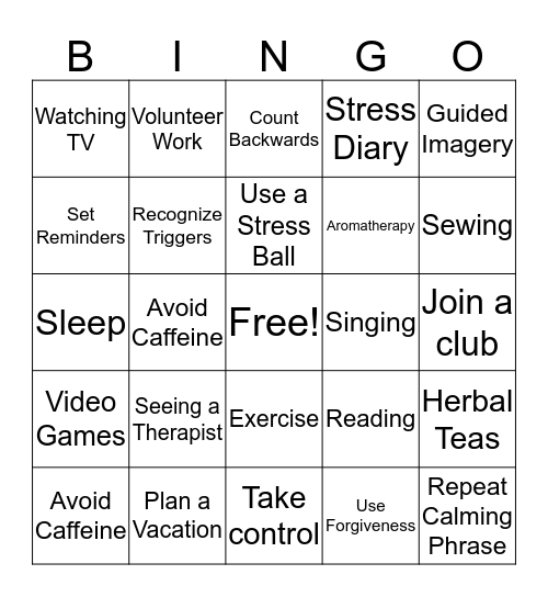 Positive Ways to Relieve Stress Bingo Card