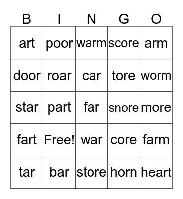 Vocalic /ar/ /or/ Bingo Card