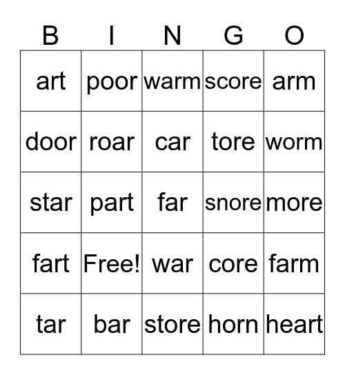 Vocalic /ar/ /or/ Bingo Card