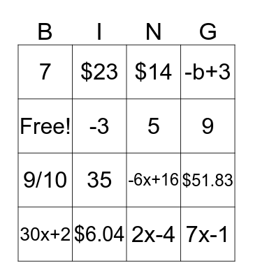 Quiz 1 Review (Algebra 1-2) Bingo Card