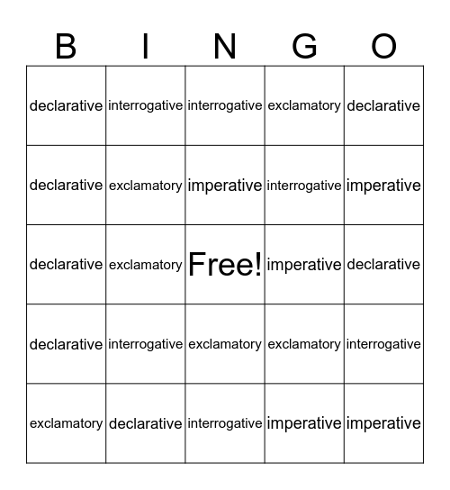 Grammar Bingo Card