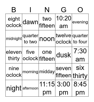 time of day Bingo Card